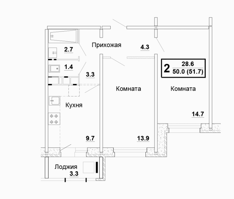 1 этаж 2-комнатн. 51.7 кв.м.